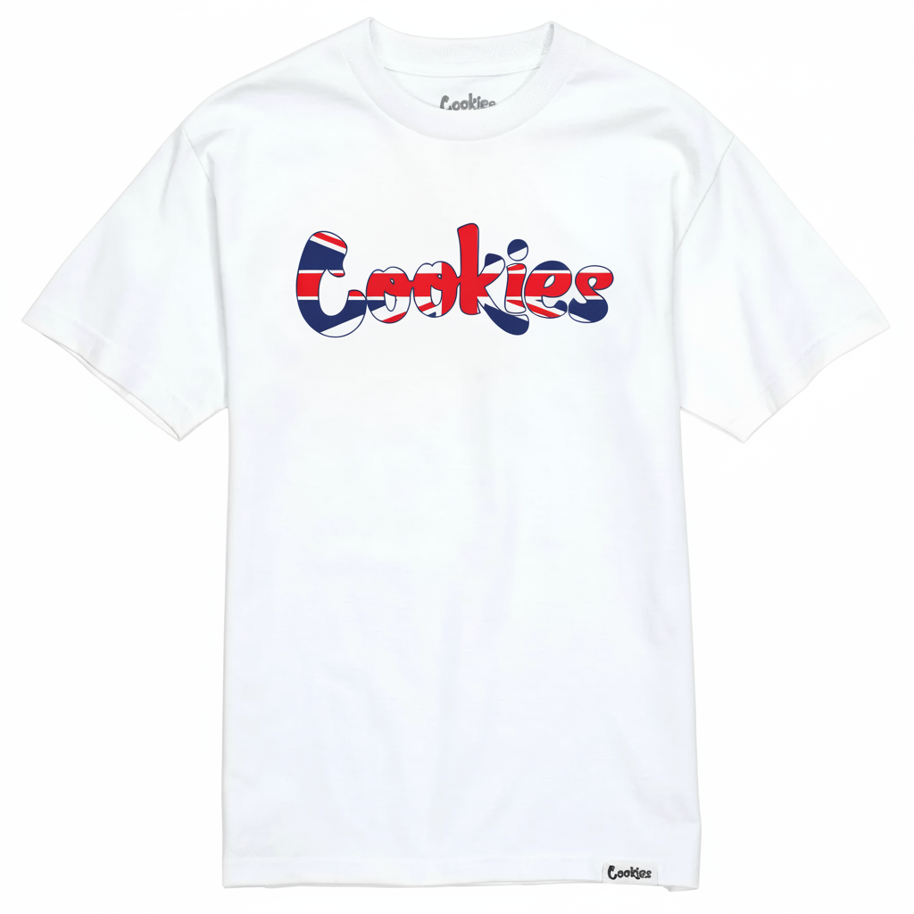 White cotton t-shirt with 'Cookies' logo in a stylized Union Jack flag print across the chest.