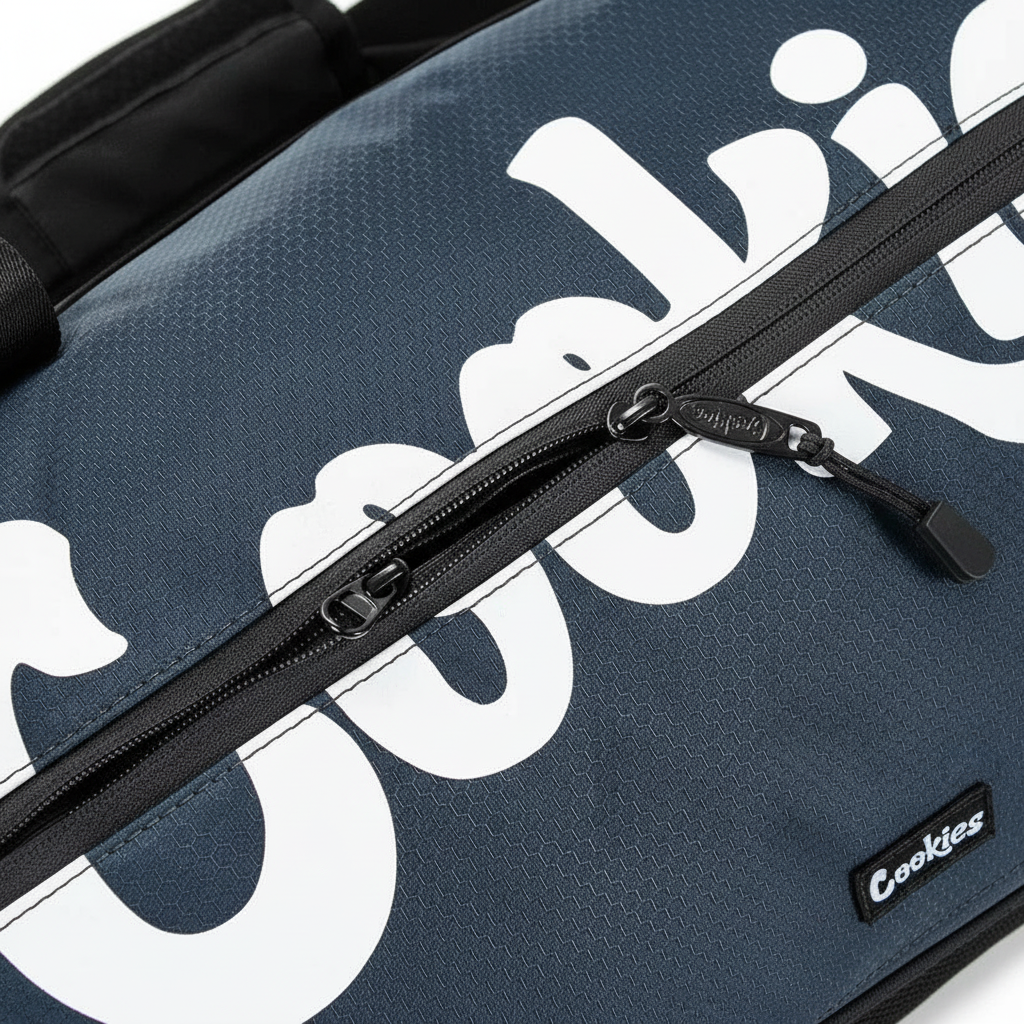 Dark blue ripstop duffle bag with large white "Cookies" logo print, black zippers, and a small woven "Cookies" label.