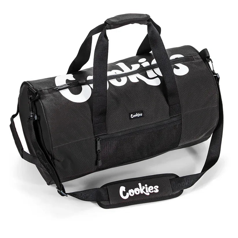 Black ripstop duffle bag with white "Cookies" logo, padded handles, adjustable shoulder strap, front zip pocket, and mesh side pocket.