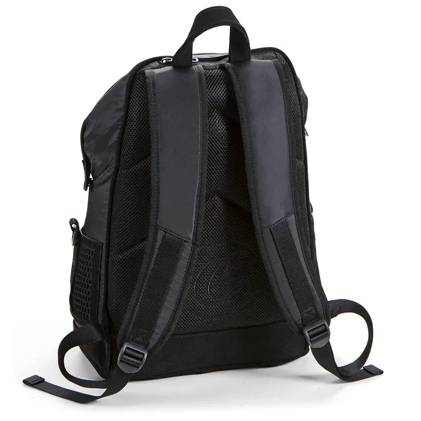Black satin smell proof backpack with padded mesh back and adjustable straps