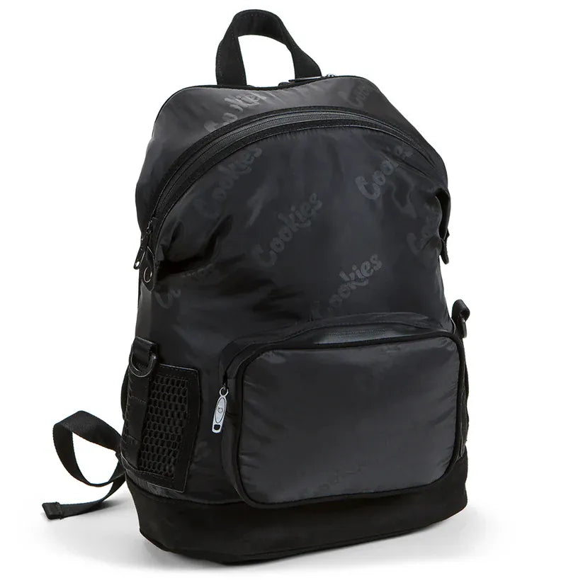 Black satin "Smell Proof" backpack with all-over "Cookies" logo pattern, front zippered pocket, and mesh side pocket.