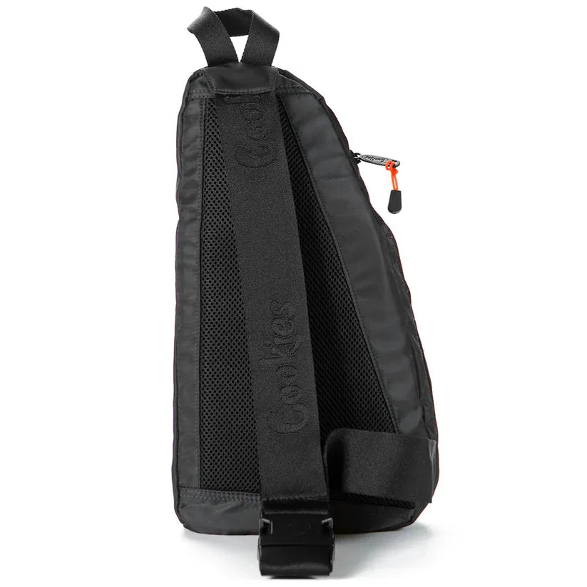Black nylon traveler smell proof sling bag with mesh back panel and adjustable strap featuring "Cookies" branding.