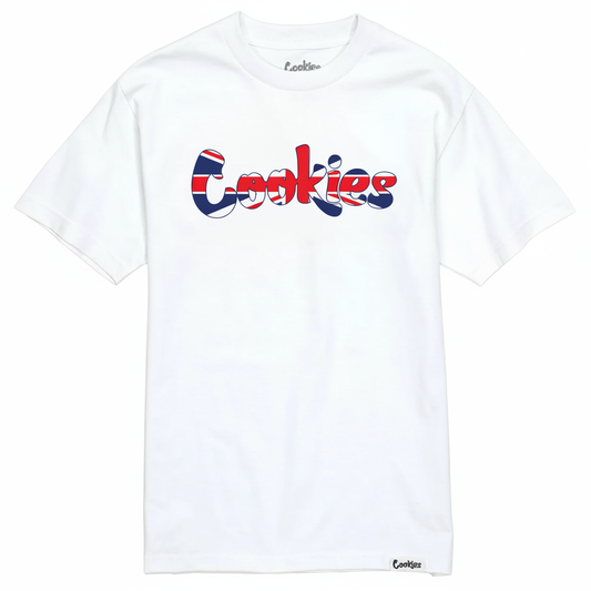 White cotton t-shirt with 'Cookies' logo in a stylized Union Jack flag print across the chest.