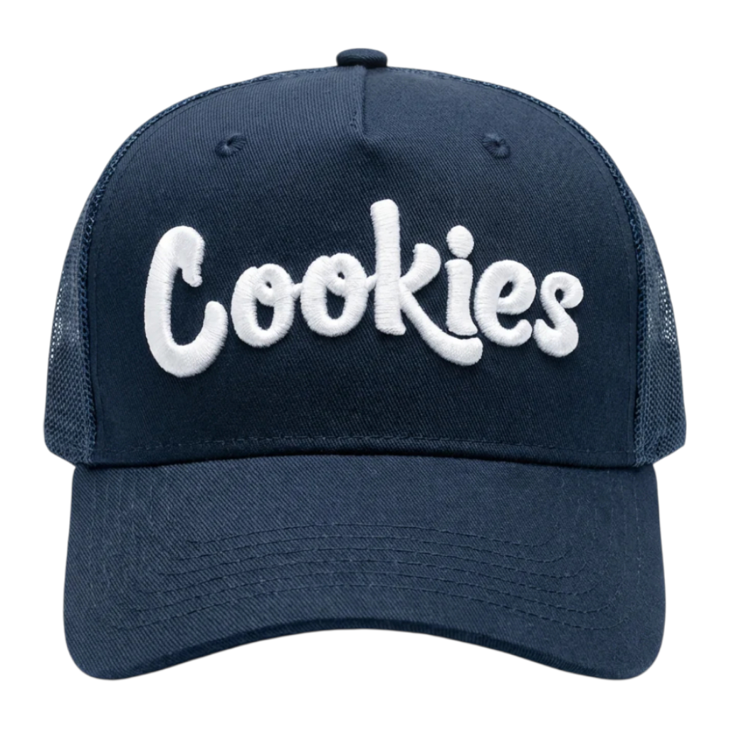 Navy blue 5-panel trucker hat with white embroidered "Cookies" logo and white mesh back