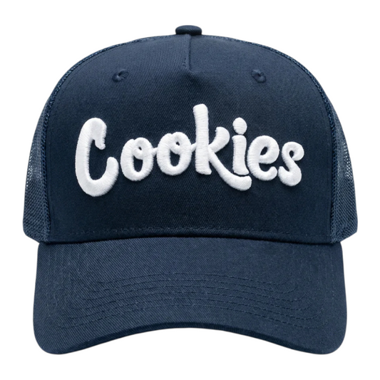 Navy blue 5-panel trucker hat with white embroidered "Cookies" logo and white mesh back