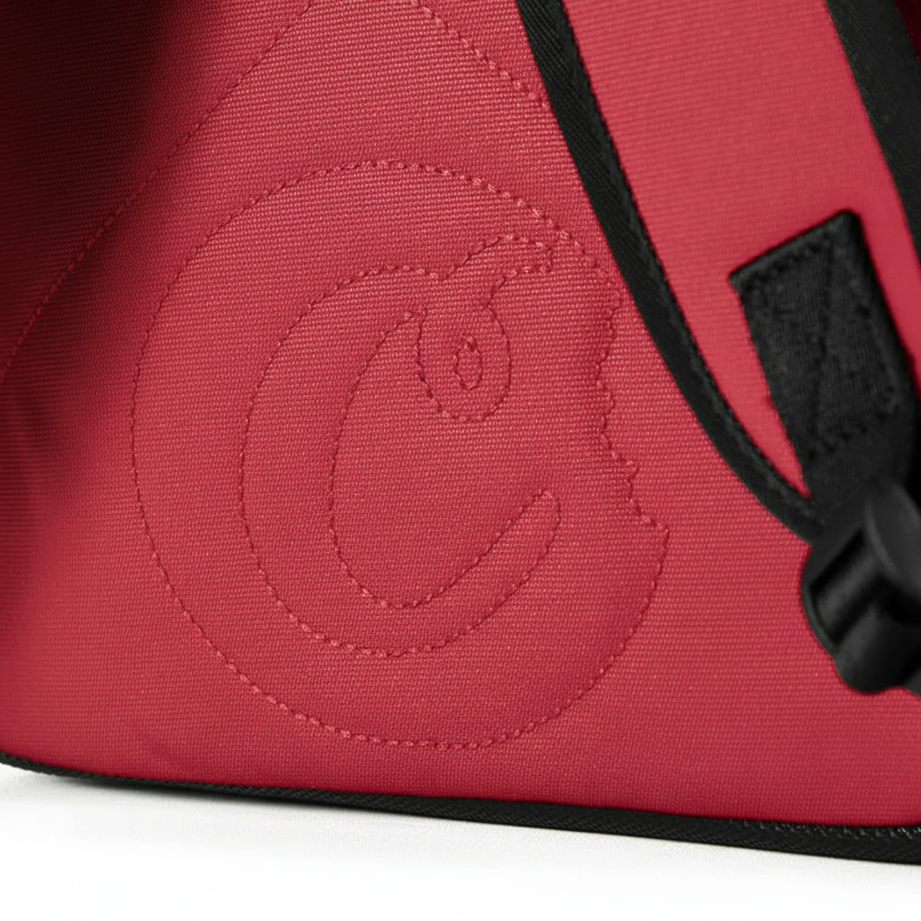Red Stasher smell proof backpack with embroidered Cookies logo and black trim