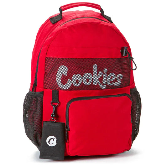 Red Stasher smell proof backpack with black mesh accents and "Cookies" logo. Features a front zippered pocket and side mesh pockets.
